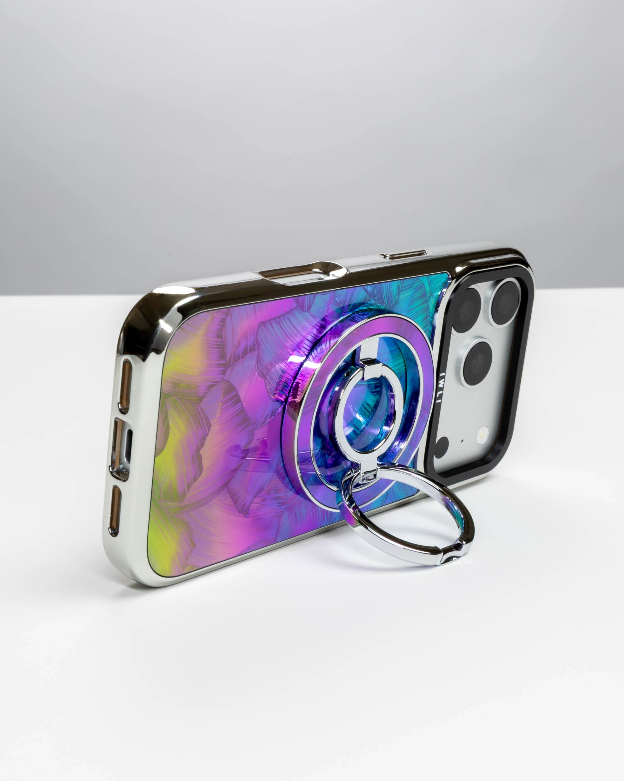 Mermaid Scale Holo Ring Stand, silver-tone, holding an iPhone in landscape as a stand