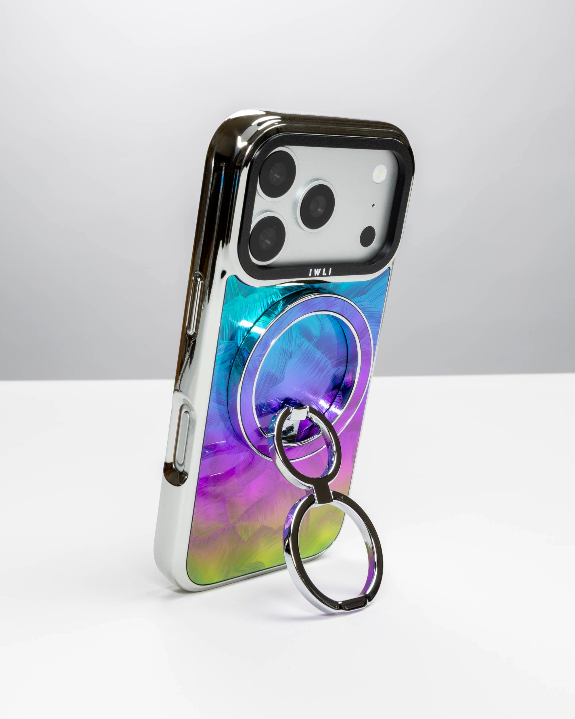 Mermaid Scale Holo Ring Stand, silver-tone, holding an iPhone upright as a stand