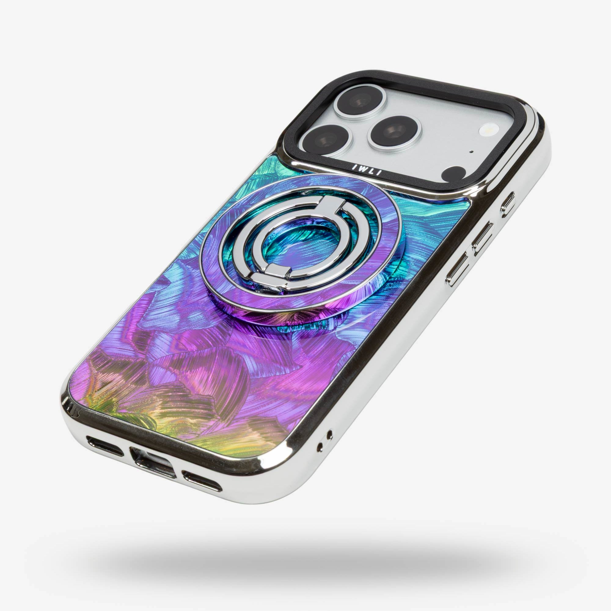 Mermaid Scale Holo Ring Stand, silver-tone, folded flat on the back of an iPhone case