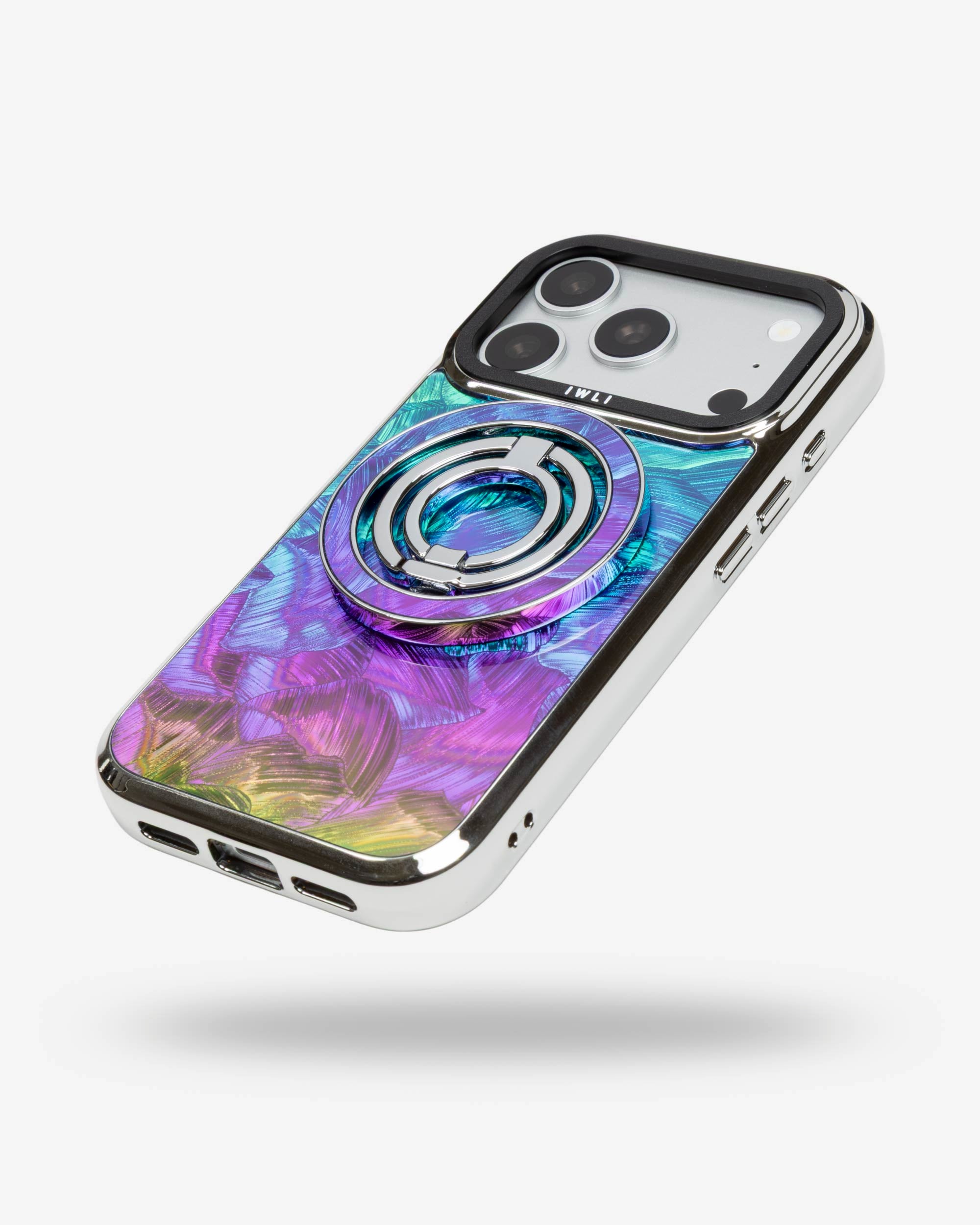 Mermaid Scale Holo Ring Stand, silver-tone, folded flat on the back of an iPhone case