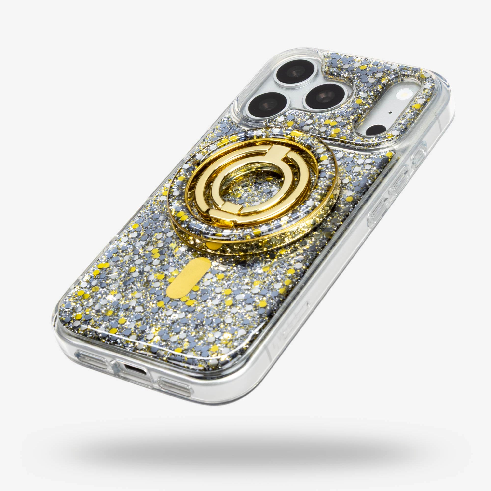 Starlight Sparkle Ring Stand, gold-tone, folded flat on the back of an iPhone case
