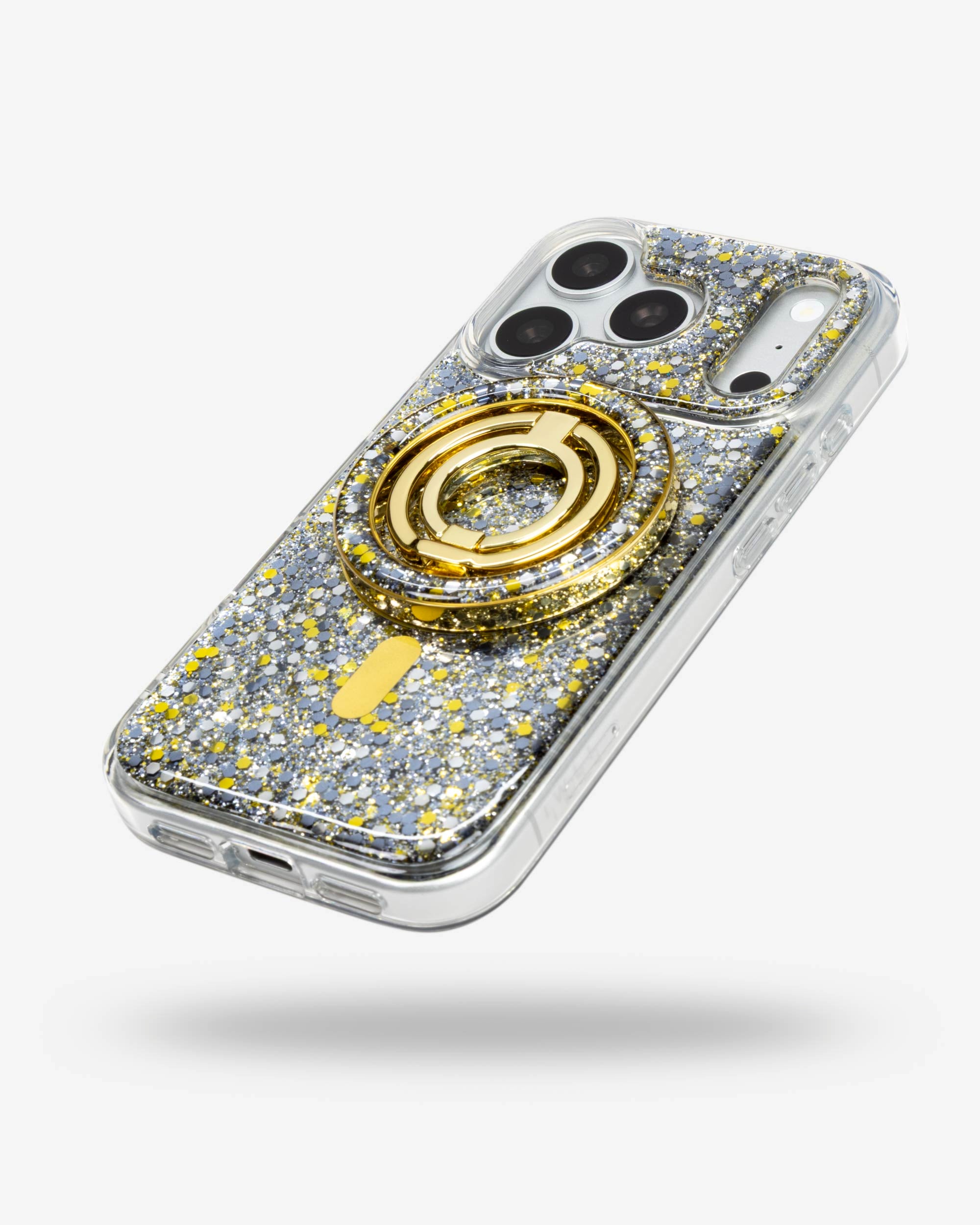 Starlight Sparkle Ring Stand, gold-tone, folded flat on the back of an iPhone case