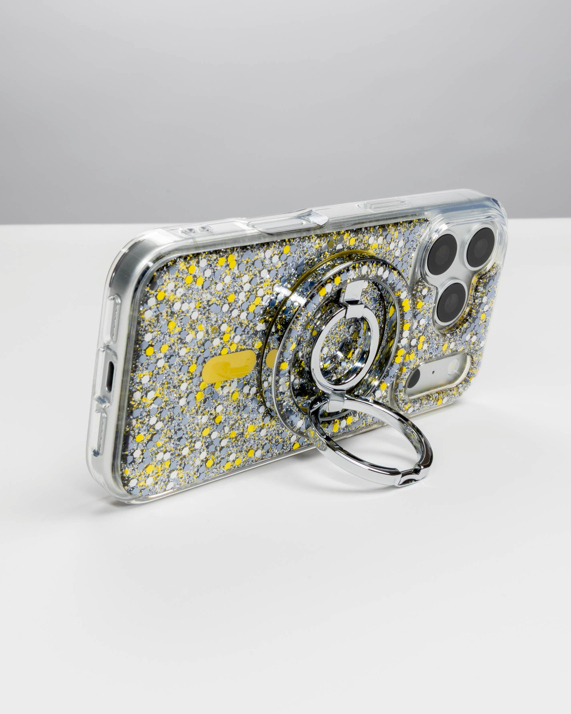 Starlight Sparkle Ring Stand, silver-tone, holding an iPhone in landscape as a stand