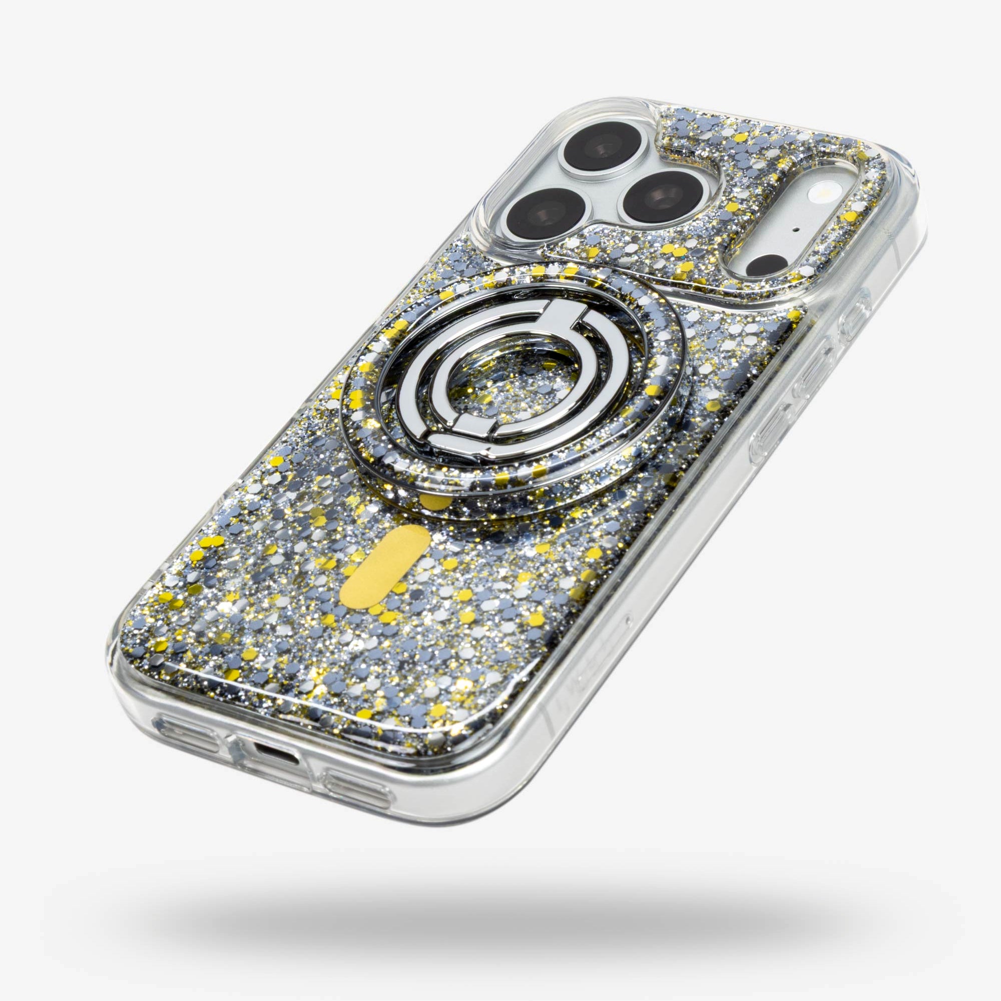 Starlight Sparkle Ring Stand, silver-tone, folded flat on the back of an iPhone case