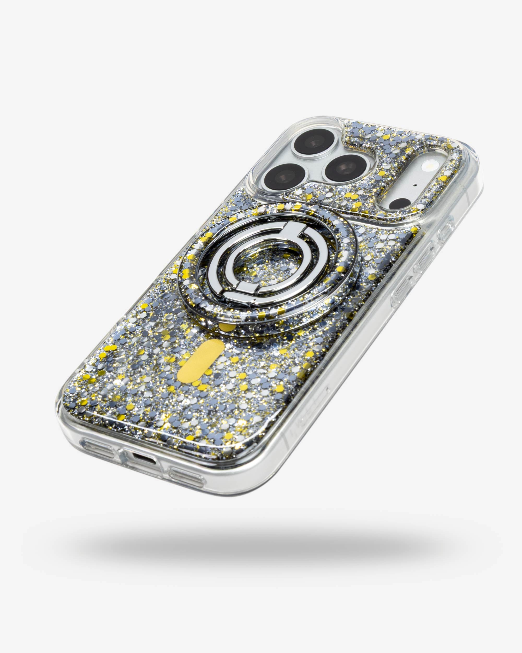 Starlight Sparkle Ring Stand, silver-tone, folded flat on the back of an iPhone case