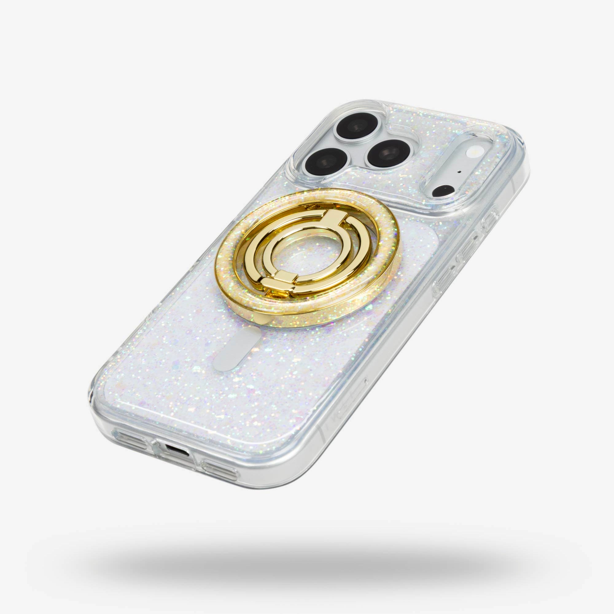 Opal Sparkle Ring Stand, gold-tone, folded flat on the back of an iPhone case