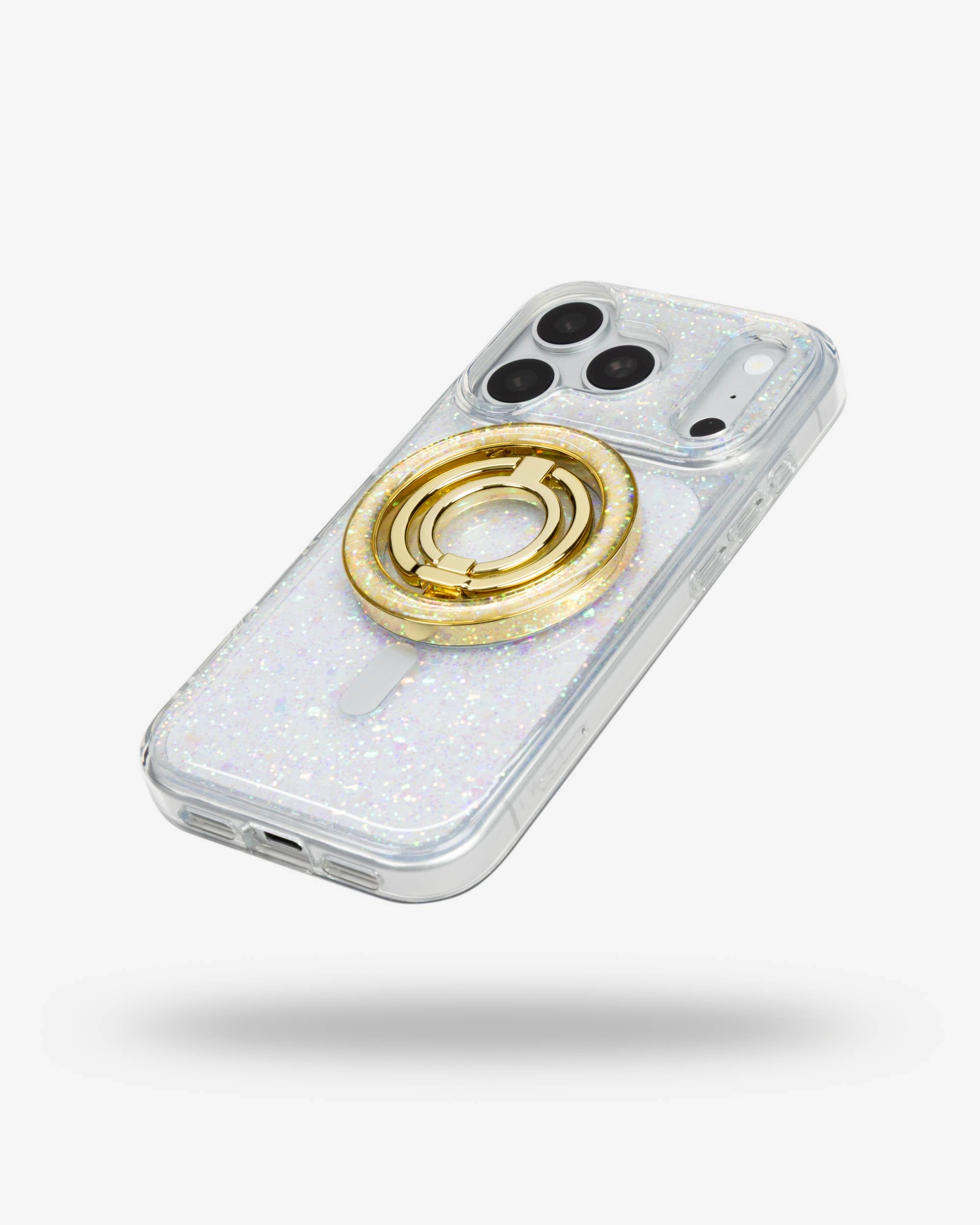 Opal Sparkle Ring Stand, gold-tone, folded flat on the back of an iPhone case