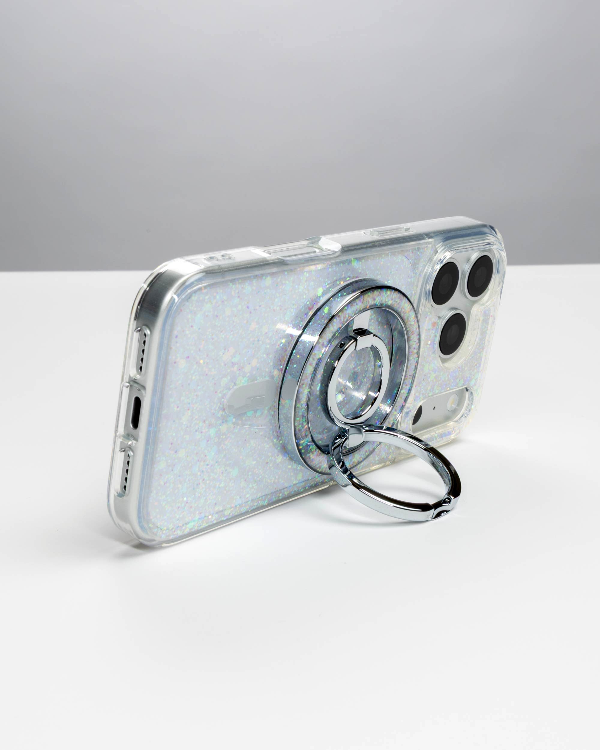 Opal Sparkle Ring Stand, silver-tone, holding an iPhone in landscape as a stand