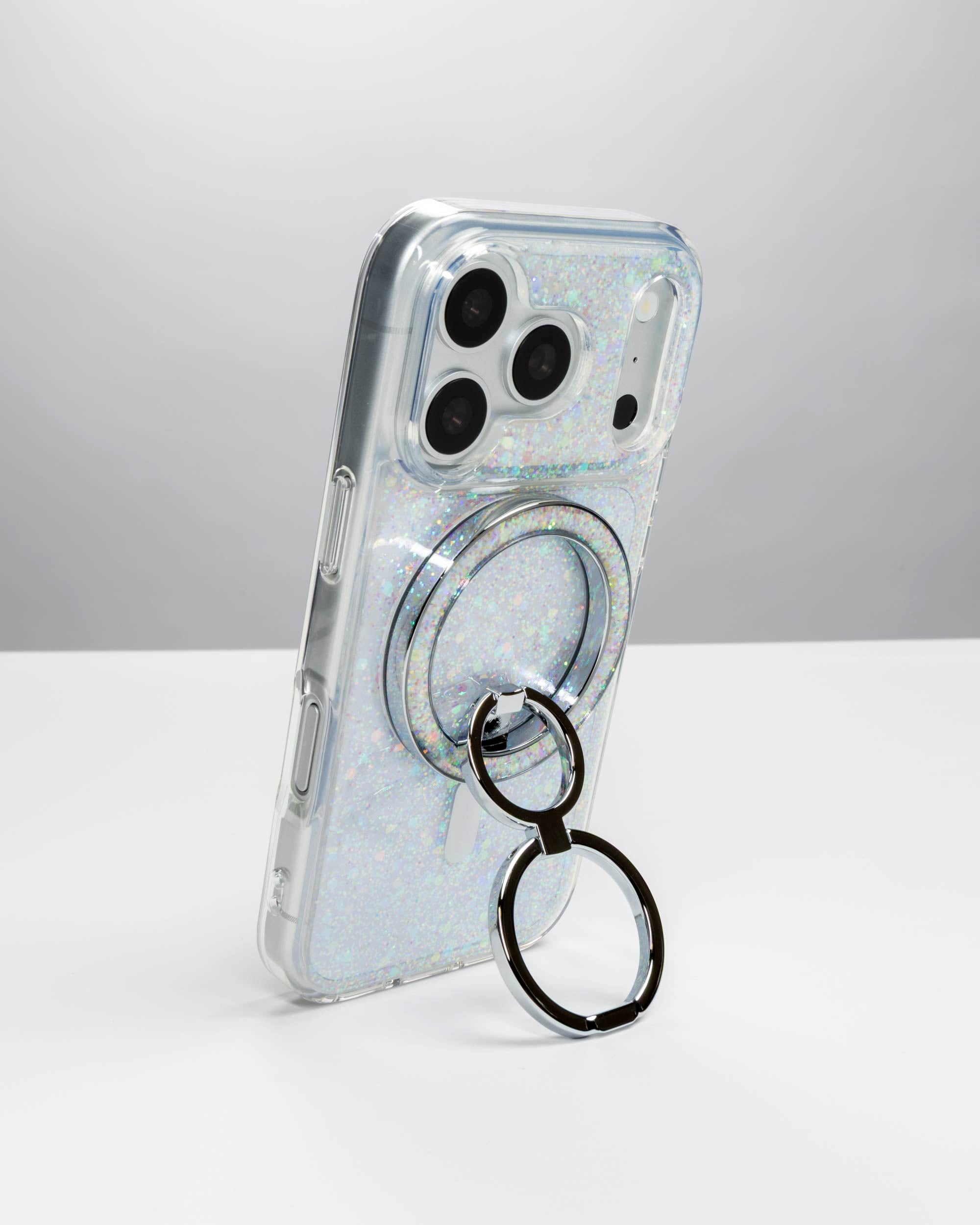 Opal Sparkle Ring Stand, silver-tone, holding an iPhone upright as a stand
