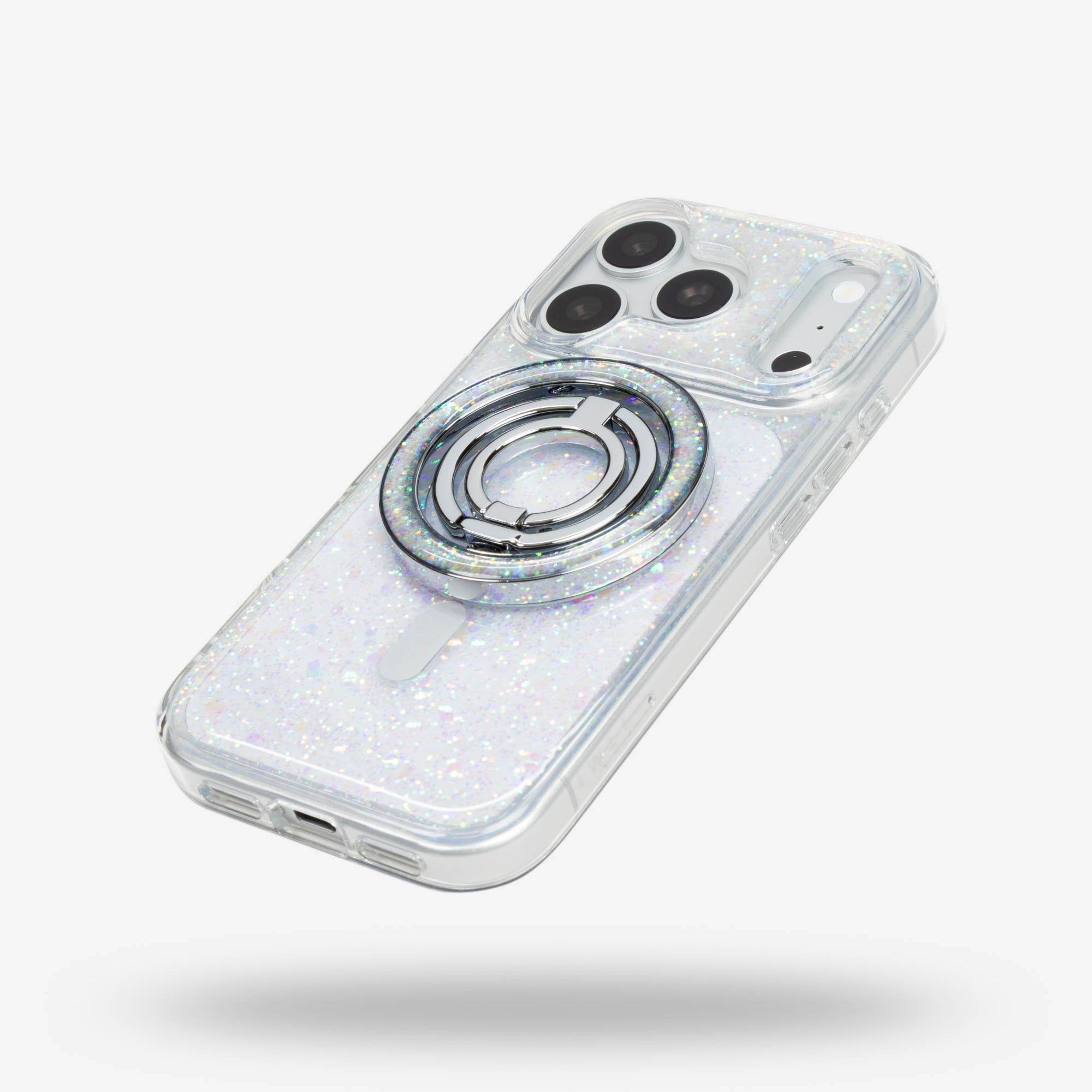 Opal Sparkle Ring Stand, silver-tone, folded flat on the back of an iPhone case