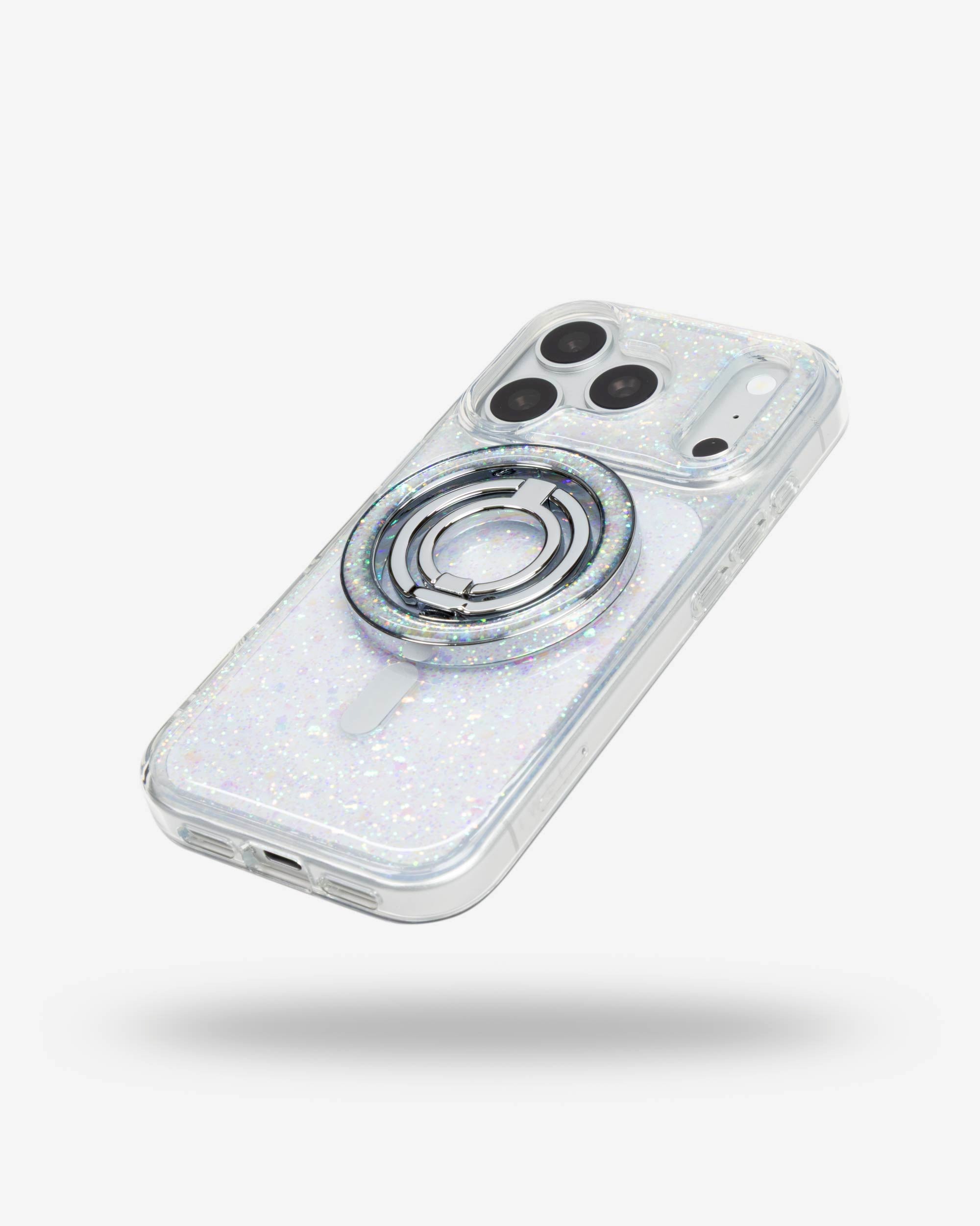 Opal Sparkle Ring Stand, silver-tone, folded flat on the back of an iPhone case