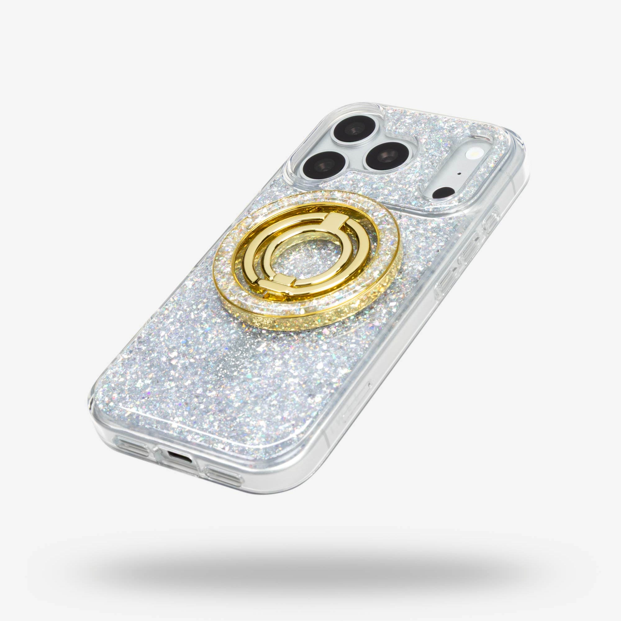 Silver Sparkle Ring Stand, gold-tone, folded flat on the back of an iPhone case