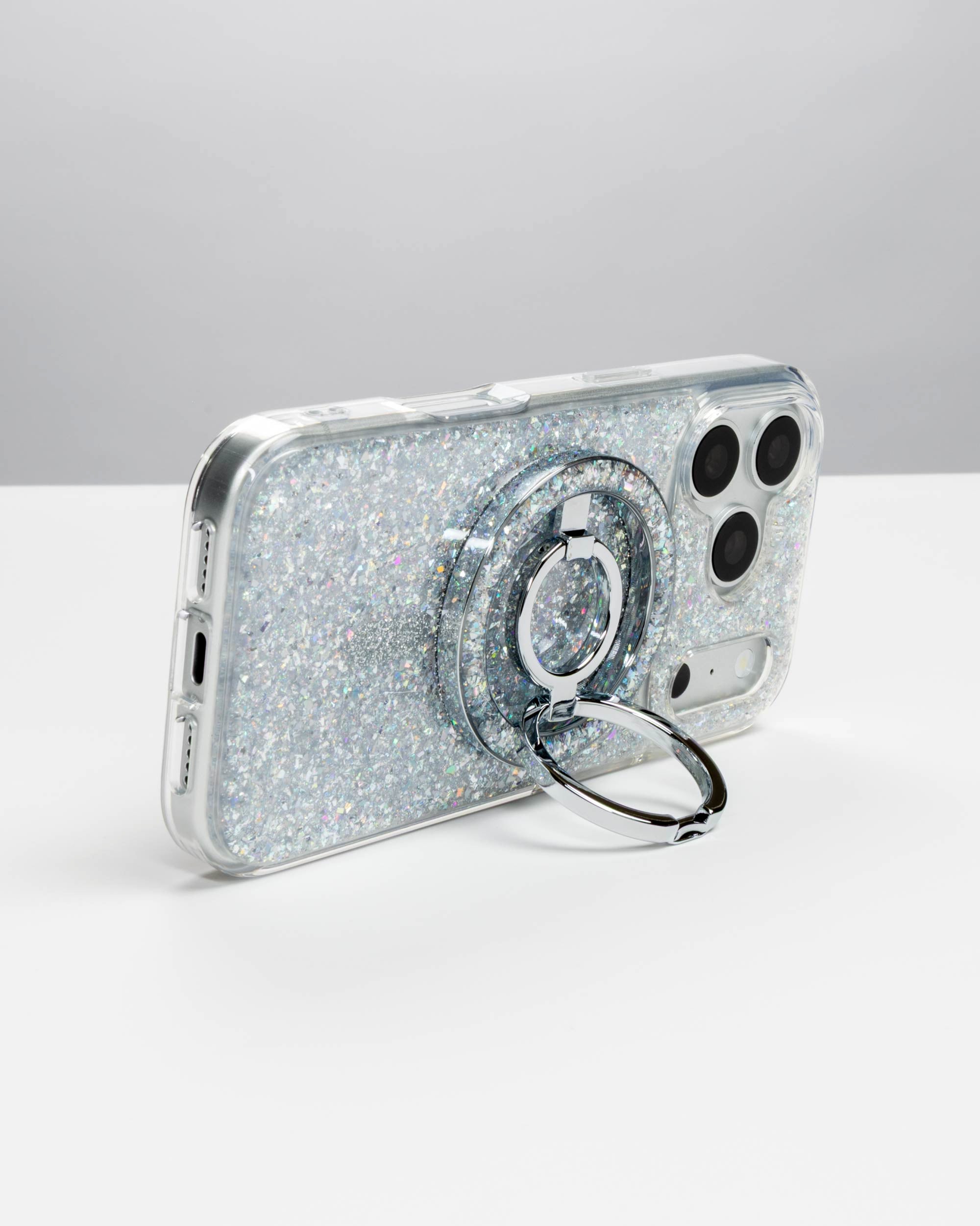 Silver Sparkle Ring Stand, silver-tone, holding an iPhone in landscape as a stand
