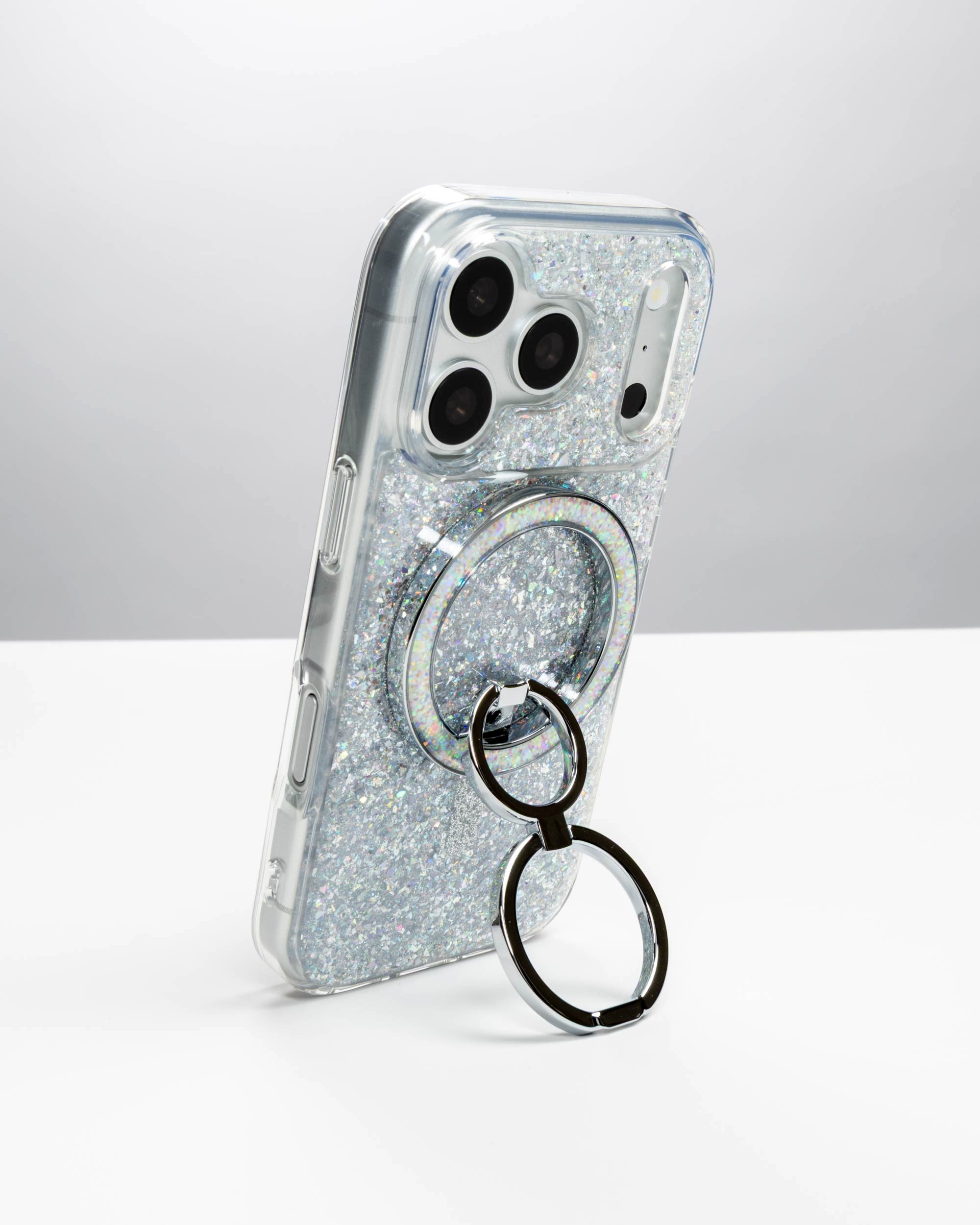 Silver Sparkle Ring Stand, silver-tone, holding an iPhone upright as a stand