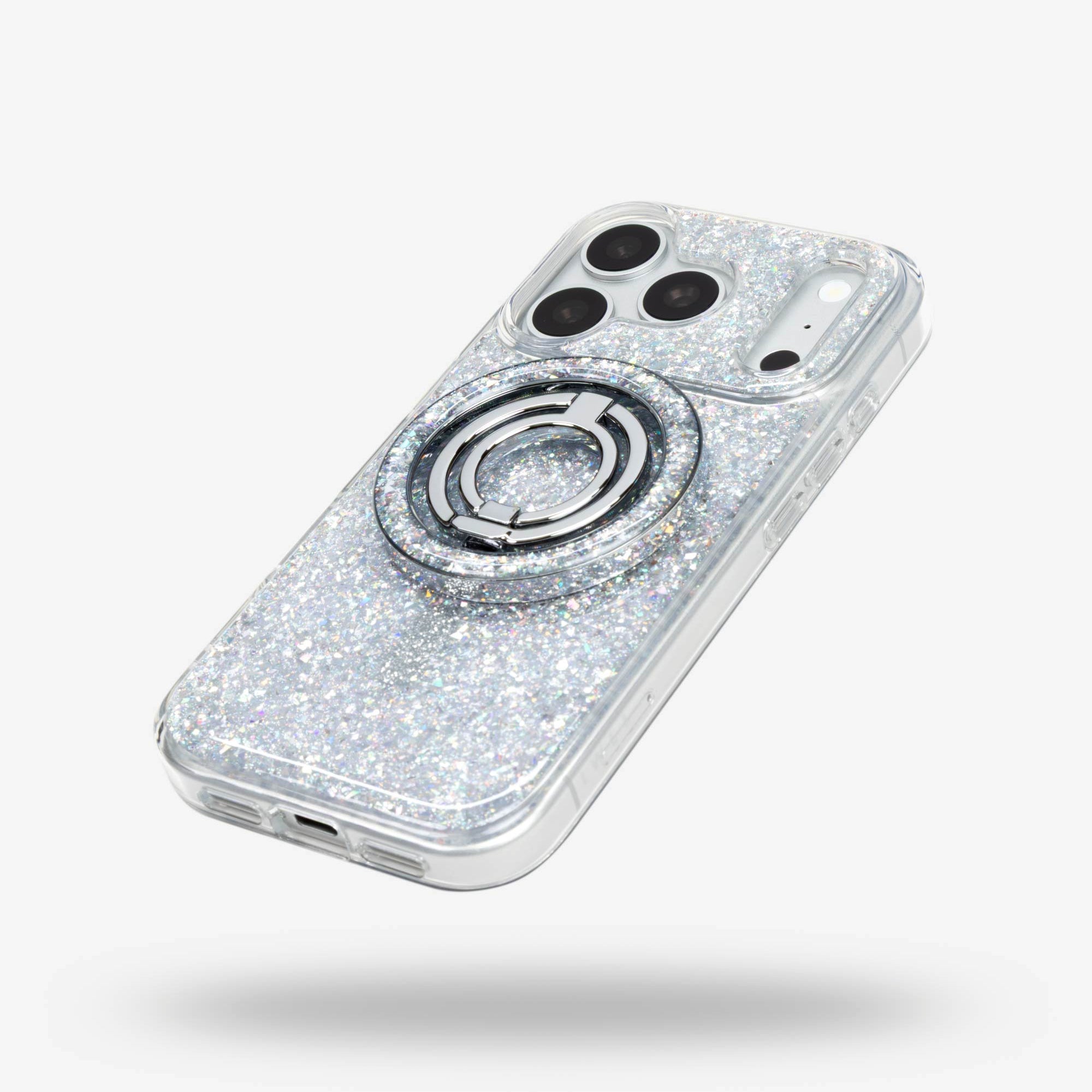 Silver Sparkle Ring Stand, silver-tone, folded flat on the back of an iPhone case