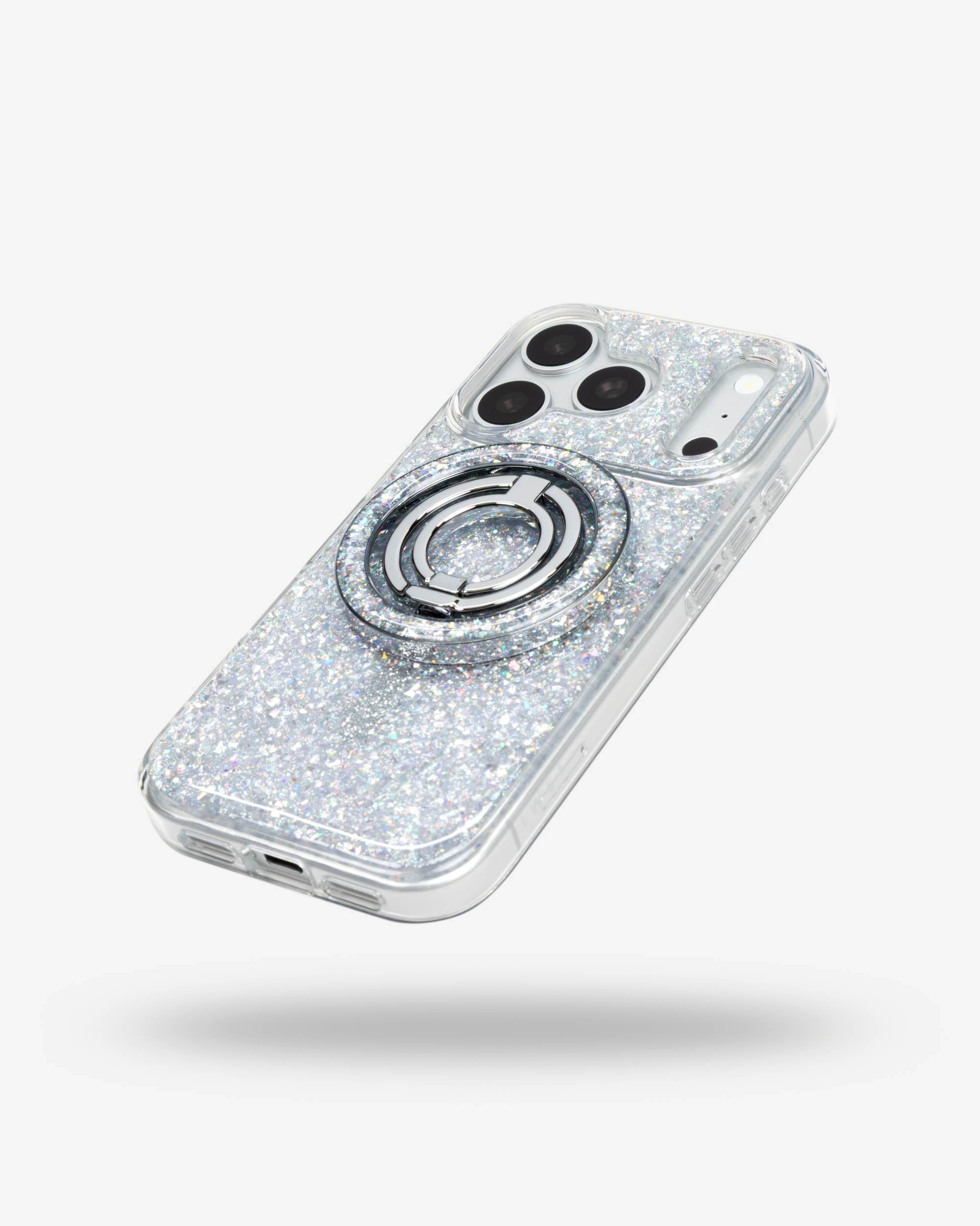 Silver Sparkle Ring Stand, silver-tone, folded flat on the back of an iPhone case